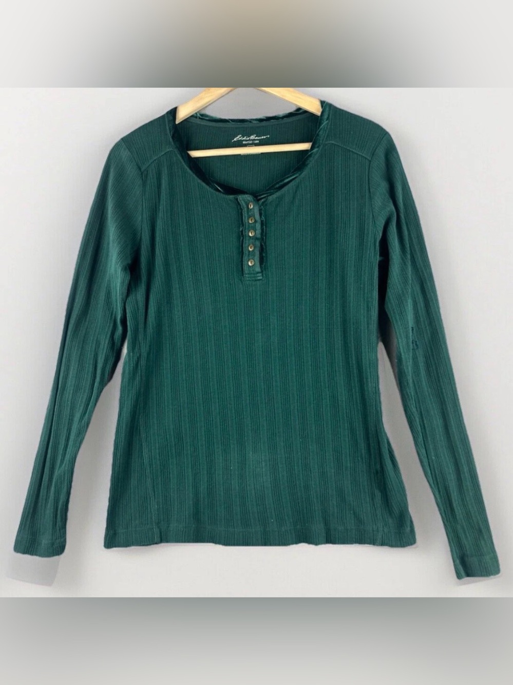 Y2K Eddie Bauer Women's Henley Top L Forest Green Velour Ribbed Bella Swan